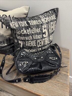 Black Croc-Embossed Studded Shoulder Bag with Adjustable Strap (as is)